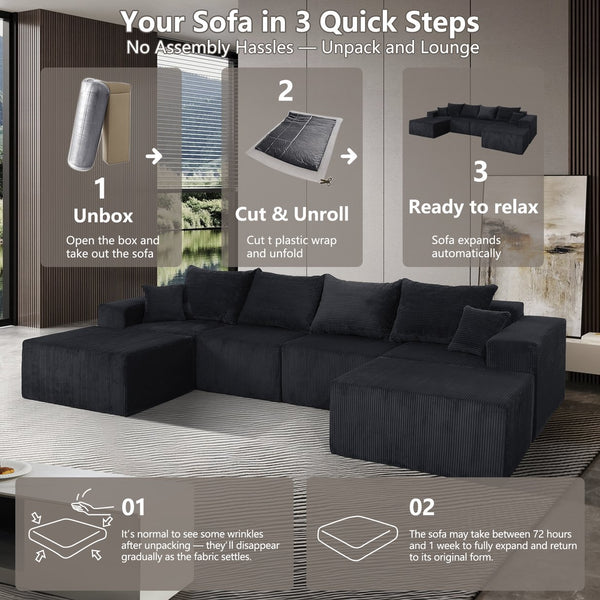 English Elm 6-Piece Modular U-Shaped Sectional Sofa with Chaise Convertible Corduroy Comfort and Secure Base Black W3163S00040