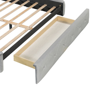 English Elm Upholstered Queen Platform Bed Velvet Wingback Frame with Storage Drawer and Side Stools Gray LP200815AAE