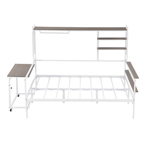 English Elm Full Size Metal Daybed With Movable Desk, Shelves & Clothes Hanger - Space-Saving Industrial Design N737P199321K