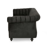 Christopher Knight Home® - Noble House - - 84-Inch Black 3-Seater Velvet Sofa – Button Tufted With Nailhead Trim, Curved Backrest, And Rolled Arms, Stylish And Elegant Couch For Modern Living Rooms, Durable Upholstery, Luxury Design