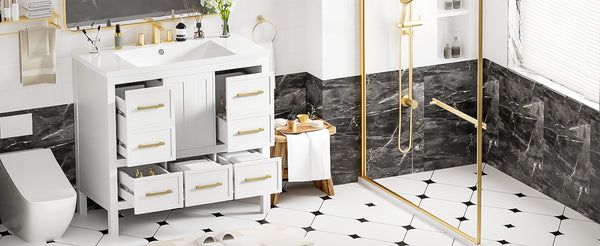 English Elm 36'' Bathroom Vanity with Resin Sink, Solid Wood Frame, 5 Drawers, Soft-Close Doors, Gold Knobs, Spacious Storage White SW000142AAK-1