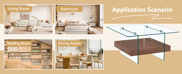 English Elm 31.4 Modern Two-Tier Square Coffee Table with Tempered Glass Top & Walnut Shelf — Stylish Storage W1512P407505