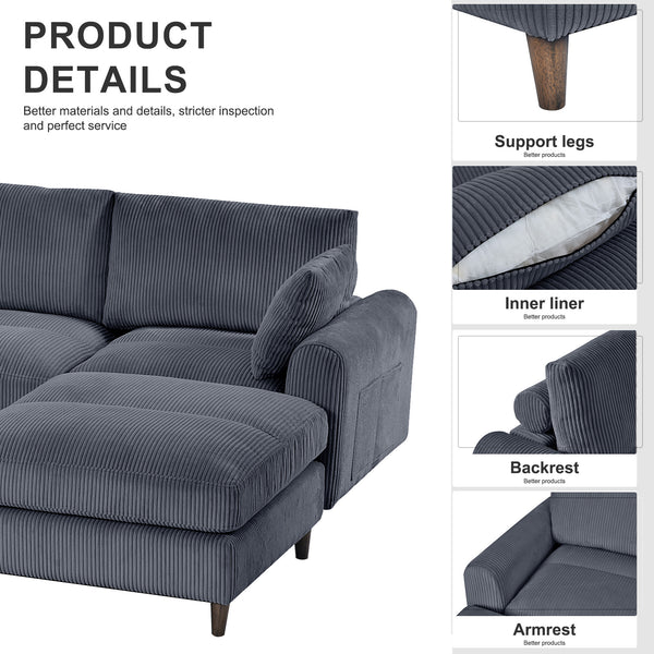 English Elm Modern corduroy modular sectional sofa U‑ or L‑shape convertible oversized seating with storage pockets adjustable headrests Grey W2121S00008