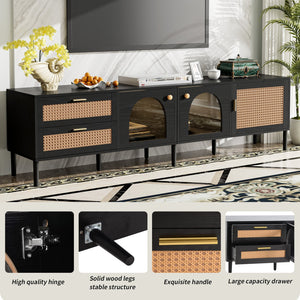 English Elm Rattan Black TV Stand with 3 Cabinets & 2 Rattan Drawers, LED Media Console, Cable Management, 80" N710P206015B