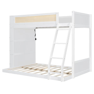 English Elm Twin Over Full Bunk Bed with Cane Guardrail Led Lighting and Built-in Bookshelf White LT000351AAK