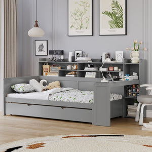 English Elm Wooden Twin Daybed with Trundle, Built-In Desk and Side Storage Shelves for Space-Saving Living Gray 54.4 L x 18 W x 5.6 H N733S242275E