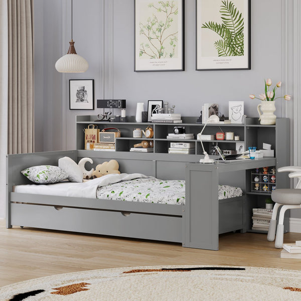 English Elm Wooden Twin Daybed with Trundle, Built-In Desk and Side Storage Shelves for Space-Saving Living Gray 54.4 L x 18 W x 5.6 H N733S242275E