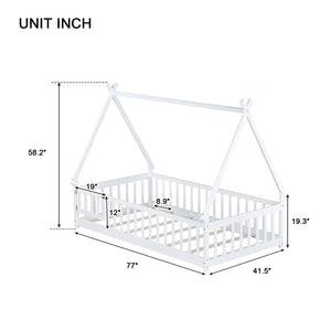 English Elm Twin Teepee Floor Bed With Guardrails - Whimsical White Design For Cozy Child'S Room Decor W504P345781-GIGA
