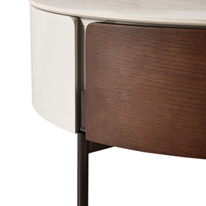 English Elm Modern Round Coffee Table with Sintered Stone Top, Smoked Wood Veneer, Drawers & Golden Legs — Durable Scratch‑Resistant Design for Living Room Lounge (White+Natural) W1911P195002