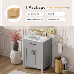 English Elm 24"Bathroom Luxurious Space-Saving Vanity with Ceramic Sink, Solid Wood Frame, Soft-Close Doors and Storage Grey N729P183716E