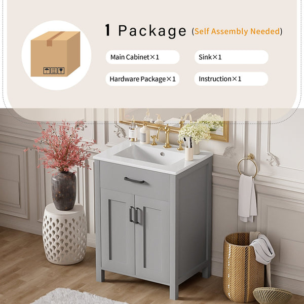 English Elm 24"Bathroom Luxurious Space-Saving Vanity with Ceramic Sink, Solid Wood Frame, Soft-Close Doors and Storage Grey N729P183716E