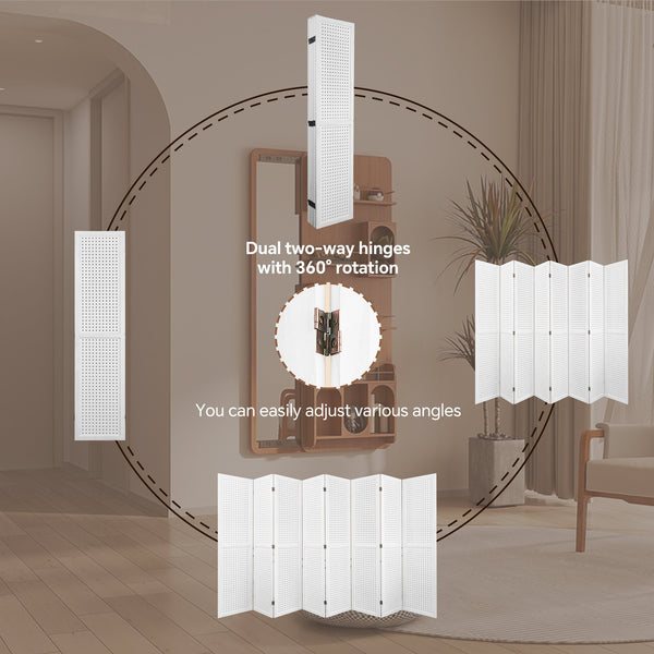 English Elm 8 Panel Pegboard Room Divider 5.6ft Folding Wooden Privacy Screen Freestanding Display White W2701P189940