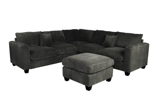 English Elm 4pc Corduroy Sectional Sofa Set with Ottoman Corner Wedge and Low-profile Modern Legs Black B011S02227
