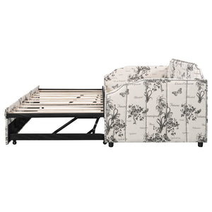 English Elm Twin Linen Upholstered Daybed with Pop up Trundle and Built in Usb Charging White Tossed Botanical SF000199AAZ