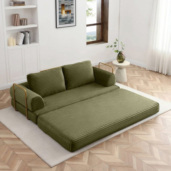 English Elm Convertible Floor Sofa Futon with Corduroy Upholstery for Living Room Lounging and Sleeping Green W1117P434729