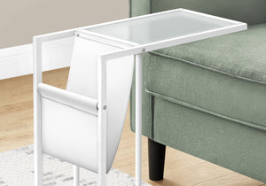 English Elm Accent C-Shape Side Table with Leather-Look Magazine Holder, Frosted Glass Top, White Metal Base B2710P219178