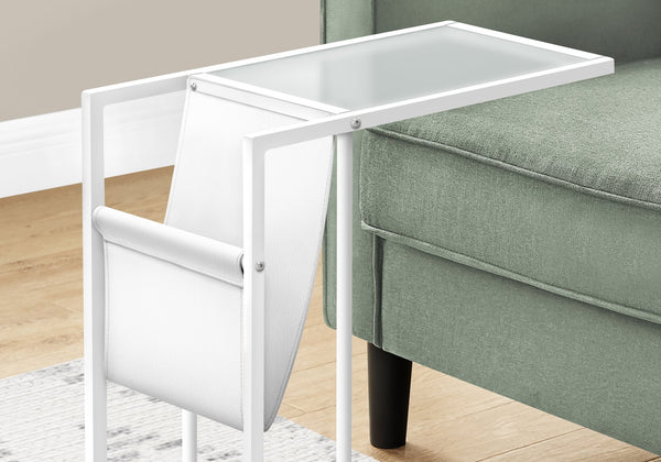 English Elm Accent C-Shape Side Table with Leather-Look Magazine Holder, Frosted Glass Top, White Metal Base B2710P219178