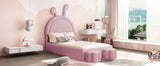 English Elm Twin Size Upholstered Rabbit-Shape Bed With 2 Storage Stools, Velvet Platform Bed With Cartoon Ears Shaped Headboard, Pink