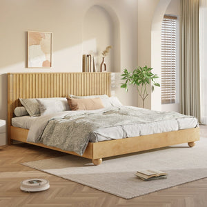English Elm Natural Solid Wood King Bed Reeded Headboard Scandinavian Minimalist Bedroom Frame N758K631920N