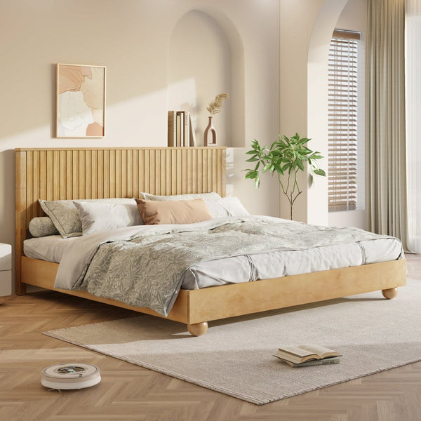 English Elm Natural Solid Wood King Bed Reeded Headboard Scandinavian Minimalist Bedroom Frame N758K631920N