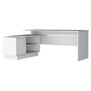 English Elm White L-Shaped Desk with Secure Cabinet and Five Shelves, Spacious Corner Workstation, Modern Finish B062S00601