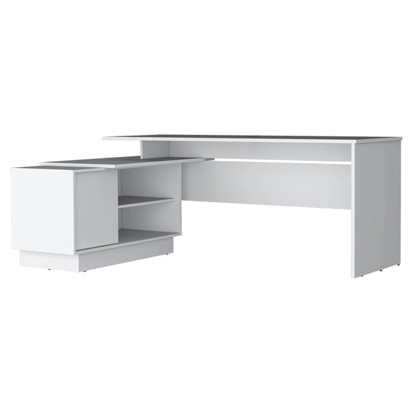 English Elm White L-Shaped Desk with Secure Cabinet and Five Shelves, Spacious Corner Workstation, Modern Finish B062S00601