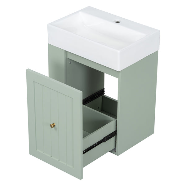 English Elm 20-Inch Compact Bathroom Vanity with Ceramic Sink, Wall-Mounted MDF Cabinet, Modern Space-Saver Design Green N725P314023F