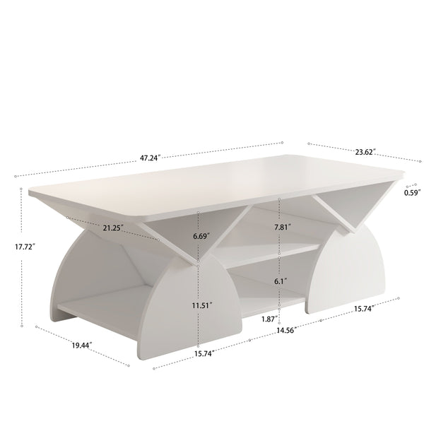English Elm Engineered rounded corner rectangular coffee table with 6 cubbies, spacious tabletop, durable melamine finish White W2899P372759