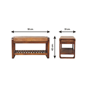 English Elm Solid Wood Hallway Bench With Buffalo Leather Seat - Compact, Stylish Storage For Small Spaces B182P280780-GIGA