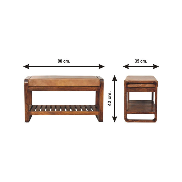 English Elm Solid Wood Hallway Bench With Buffalo Leather Seat - Compact, Stylish Storage For Small Spaces B182P280780-GIGA