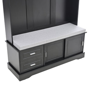 English Elm On-Trend Stylish Hall Tree With Sliding Doors, 6 Hooks, Cushion Bench & Smart Storage For Entryways N721P205787B-GIGA