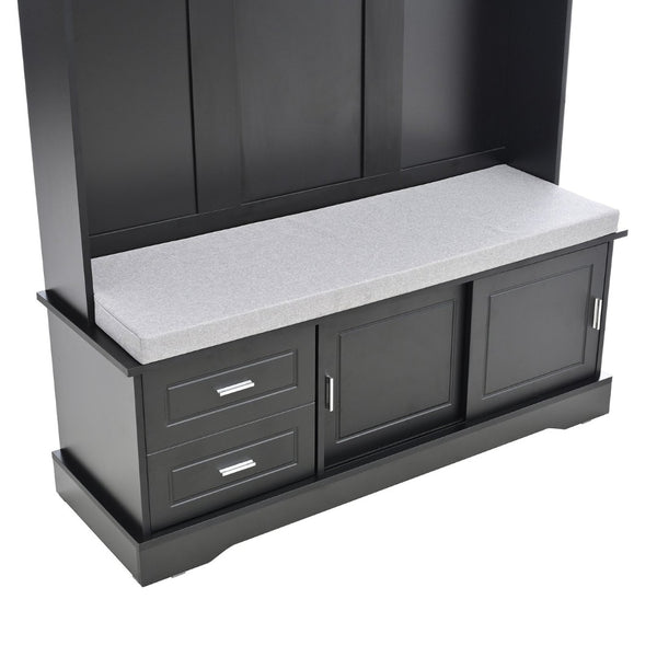 English Elm On-Trend Stylish Hall Tree With Sliding Doors, 6 Hooks, Cushion Bench & Smart Storage For Entryways N721P205787B-GIGA