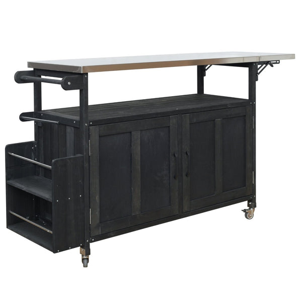 English Elm Foldable Outdoor Kitchen Cart with Stainless Worktop Fir Wood Frame and Lockable Wheels Black N719P380279B