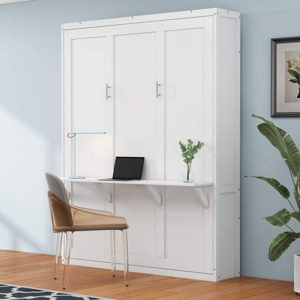 English Elm Full Murphy Bed with Side Cabinet, Desk Combo, USB Charging, Adjustable Shelves, 600lb Capacity, White BS7012008109C