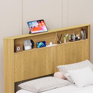 English Elm Queen Modern queen storage bed with wavy headboard, built-in USB charging, silent metal support system Natural W1162P357260