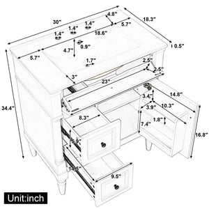 English Elm 30" Freestanding Bathroom Vanity Rubberwood Frame Ceramic Sink Flip Drawer Storage Blue+Grey N725P356062E