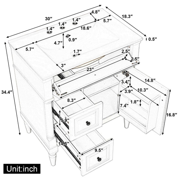 English Elm 30" Freestanding Bathroom Vanity Rubberwood Frame Ceramic Sink Flip Drawer Storage Blue+Grey N725P356062E