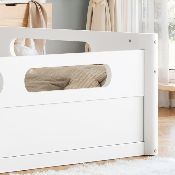 English Elm Queen Low Profile Floor Bed Pine Wood Frame Japandi Minimalist Bedroom Design White W1580P438794