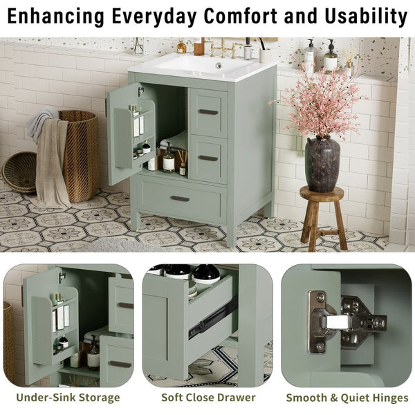 English Elm Modern 24 Inch Bathroom Vanity Solid Wood Cabinet with Ceramic Sink and Soft Close Storage Green N729P292859F