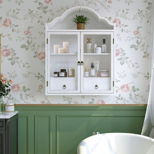 English Elm Vintage Solid Wood Wall Cabinet Wave Crown Distressed White Farmhouse Storage Display W757P383536