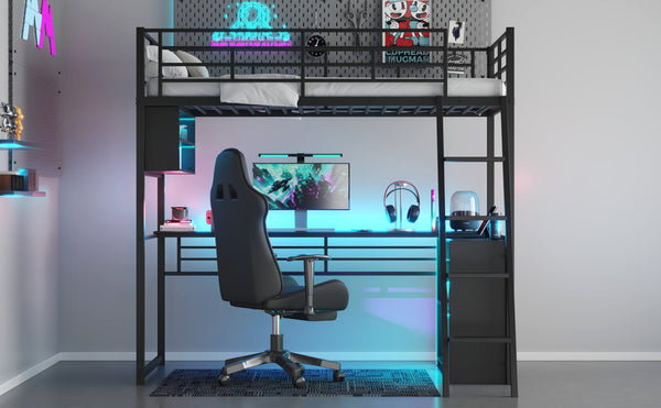 English Elm Twin Metal Loft Bed with LED Desk & 4 Shelves, Black — Sturdy Metal/Wood Frame, Space-Saving Design GX000652AAB