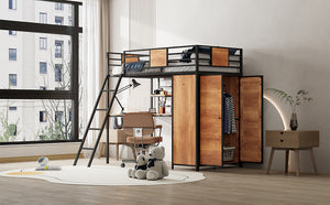 English Elm Twin Loft Bed with L-Shaped Desk and Wardrobe — Space-Saving Iron & Wood Design for Study & Storage Black SF000168AAB