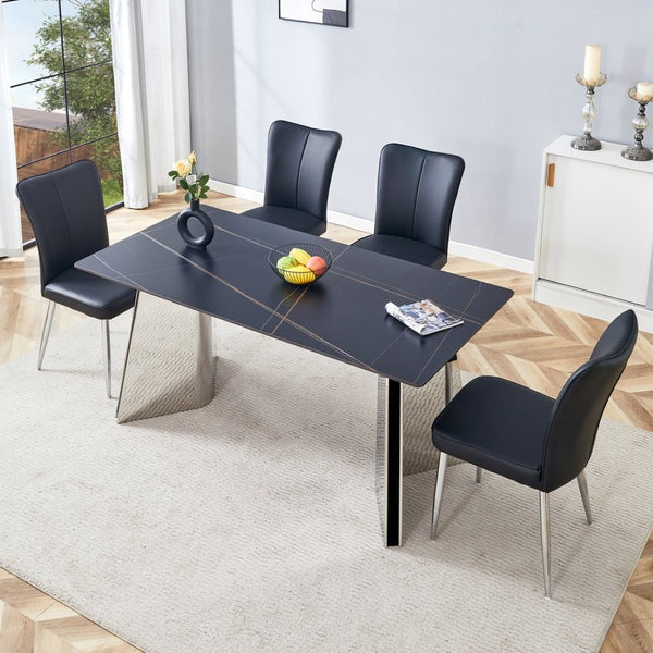 English Elm Table Set: Luxurious Black Marble-Patterned Top With Stainless Steel Legs & 4 Elegant Pu Dining Chairs W1151S01967-GIGA