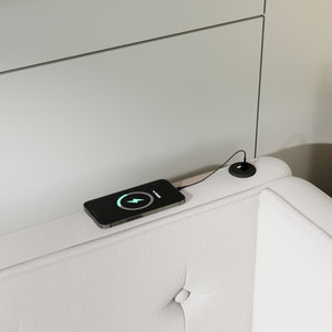 English Elm Upholstered Full Platform Bed with USB Ports and LED Accent, Linen Upholstery, Sturdy 600lb Capacity Beige GX000556AAA