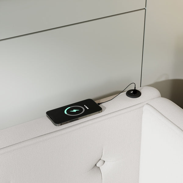 English Elm Upholstered Full Platform Bed with USB Ports and LED Accent, Linen Upholstery, Sturdy 600lb Capacity Beige GX000556AAA