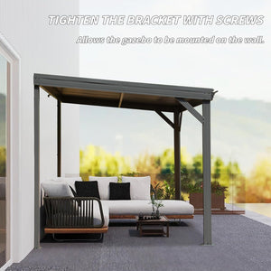 English Elm 8' Lean to Gazebo 8'x10' Gray with Hidden Gutter, Galvanized Steel Roof, Wind Resistant Patio Shelter W1859S00122