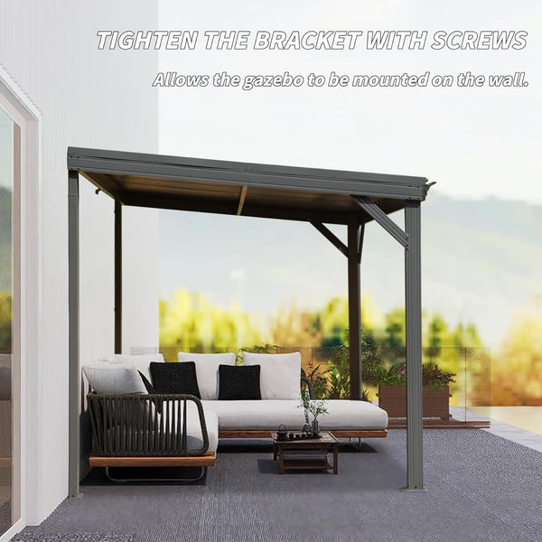 English Elm 8' Lean to Gazebo 8'x10' Gray with Hidden Gutter, Galvanized Steel Roof, Wind Resistant Patio Shelter W1859S00122