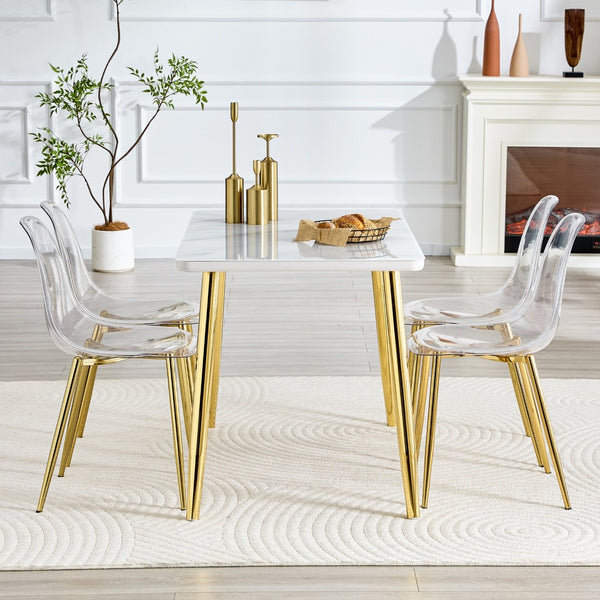 English Elm Table and Chair Set Marble Glass Top Gold Legs Four Seat Dining for Small Spaces Transparent,White+Gold W1151S04638
