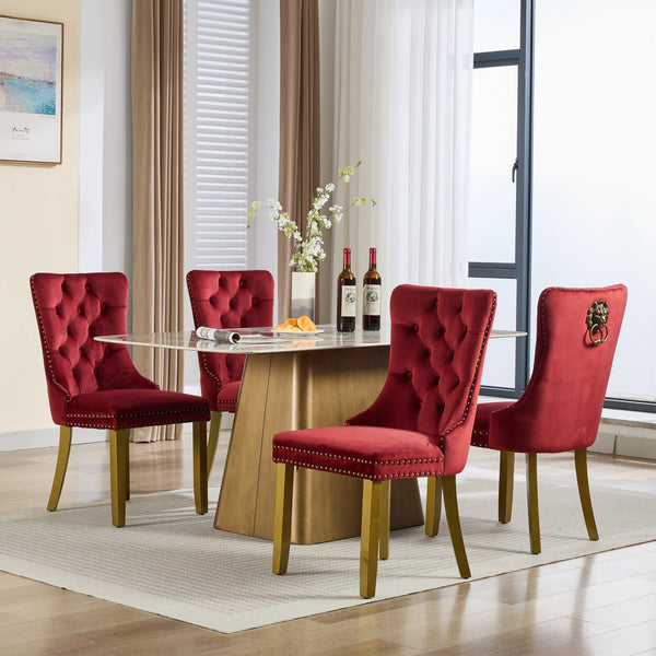 English Elm Mid-Century Tufted Velvet Dining Chair with Lion Head Pull Ring, Gold Legs, Nailhead Trim, Luxurious Support WINE RED W1143P233645