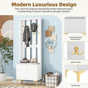 English Elm ON-TREND Modern Luxury Hall Tree with Cushioned Bench, Fluted Doors, 8 Gold Hooks & Adjustable Shelf White N721P192814K